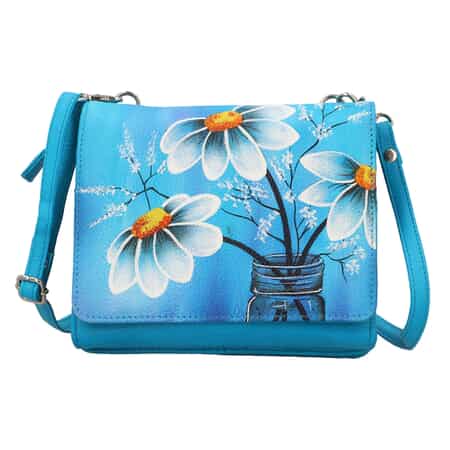 SUKRITI Blue Floral Theme Genuine Leather Ladies Crossbody Bag (7.5"x6.25"x1.25") image number 0