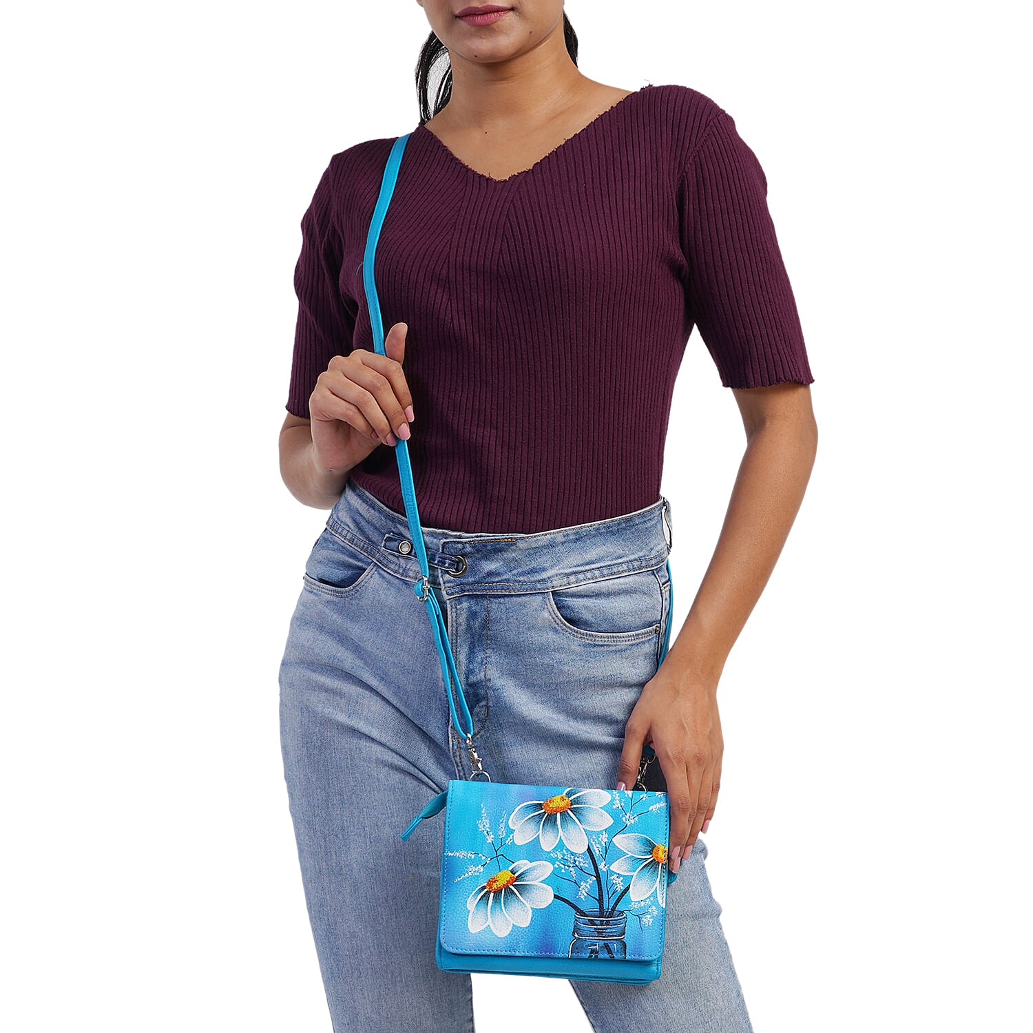 SUKRITI Blue Floral Theme Genuine Leather Ladies Crossbody Bag