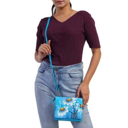 SUKRITI Blue Floral Theme Genuine Leather Ladies Crossbody Bag (7.5"x6.25"x1.25") image number 1