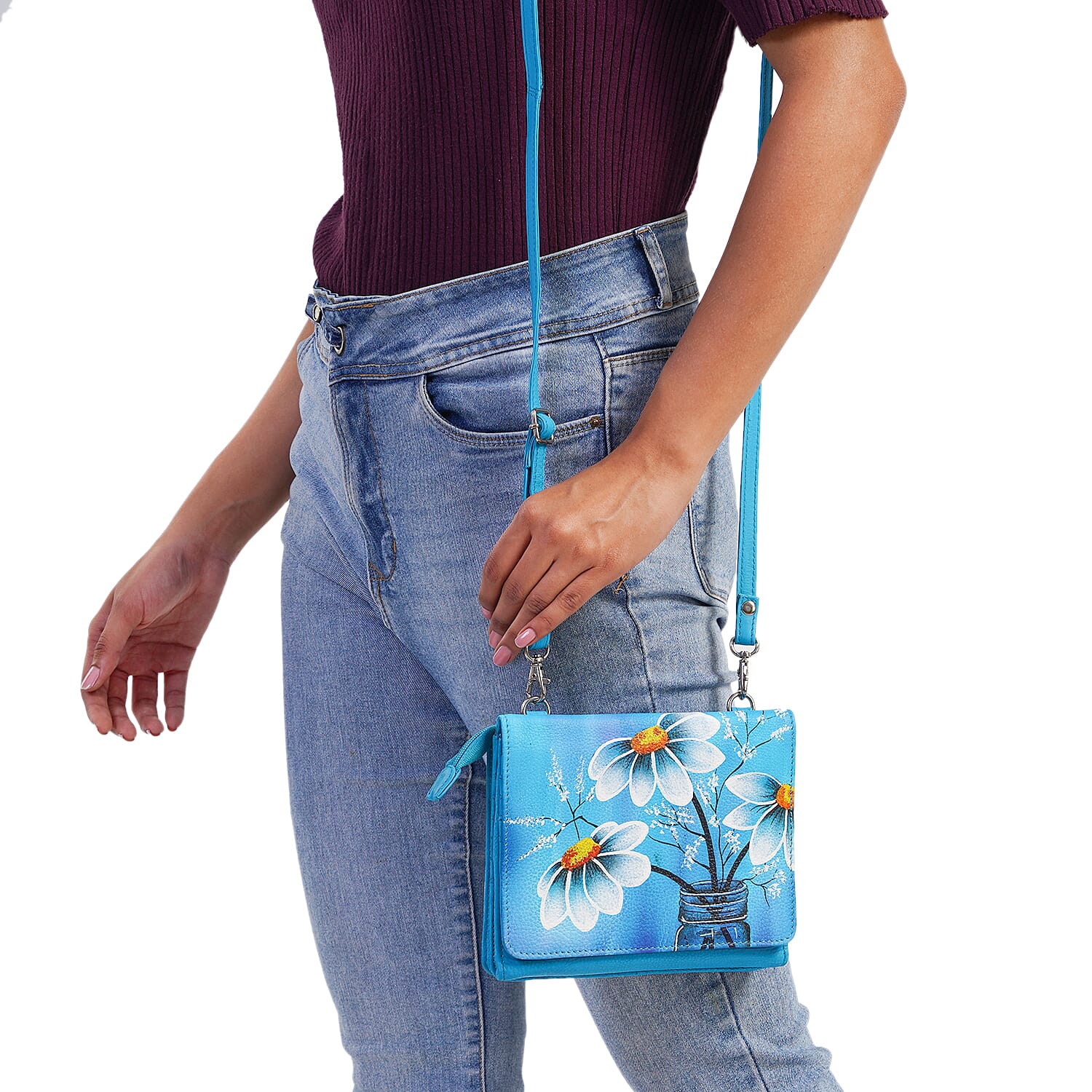 SUKRITI Blue Floral Theme Genuine Leather Ladies Crossbody Bag