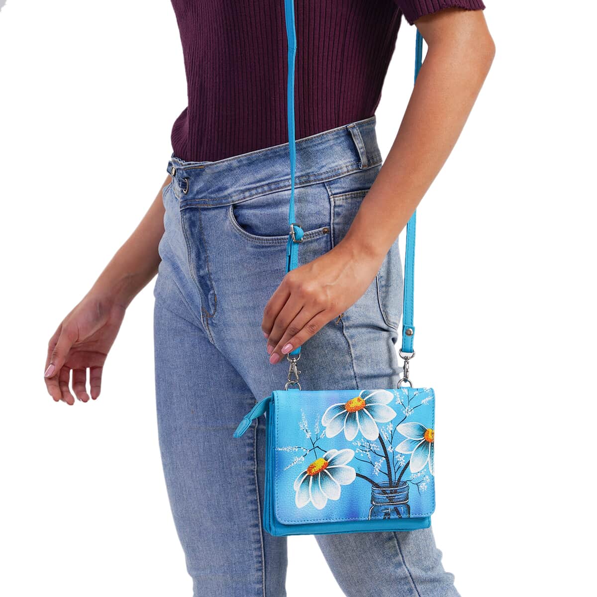 SUKRITI Blue Floral Theme Genuine Leather Ladies Crossbody Bag (7.5"x6.25"x1.25") image number 2