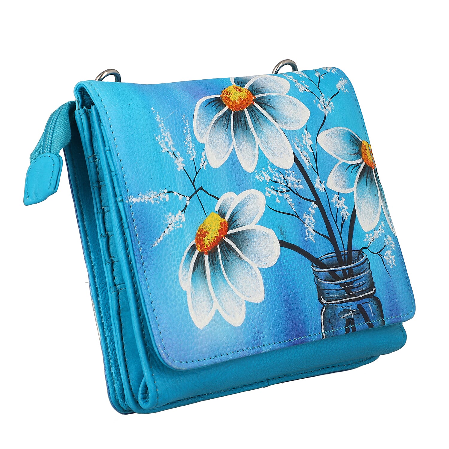 SUKRITI Blue Floral Theme Genuine Leather Ladies Crossbody Bag