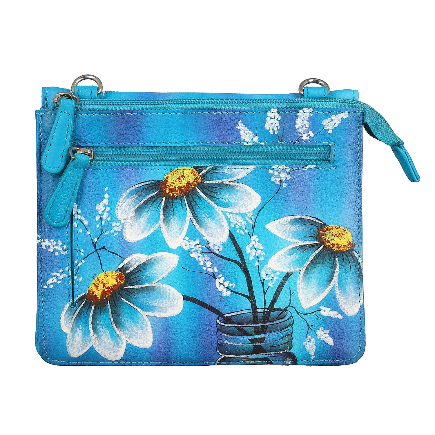 SUKRITI Blue Floral Theme Genuine Leather Ladies Crossbody Bag