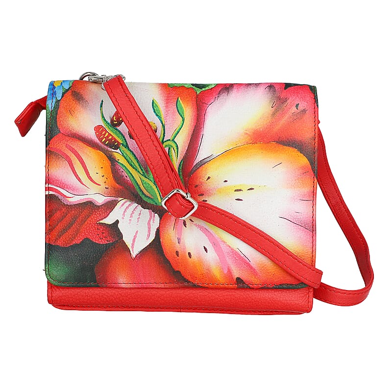 SUKRITI Deep Orange Floral Theme Genuine Leather Ladies Crossbody Bag