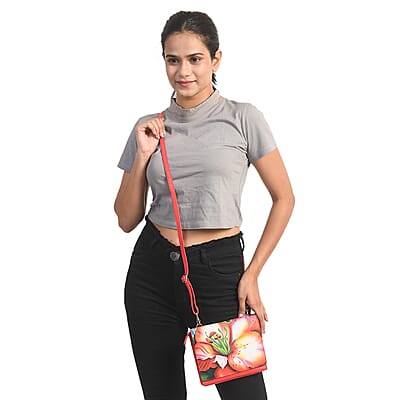 SUKRITI Deep Orange Floral Theme Genuine Leather Ladies Crossbody Bag
