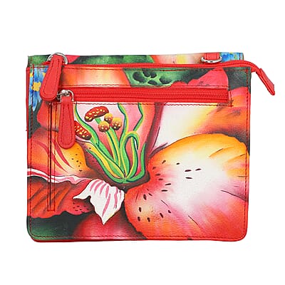 SUKRITI Deep Orange Floral Theme Genuine Leather Ladies Crossbody Bag