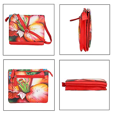 SUKRITI Deep Orange Floral Theme Genuine Leather Ladies Crossbody Bag
