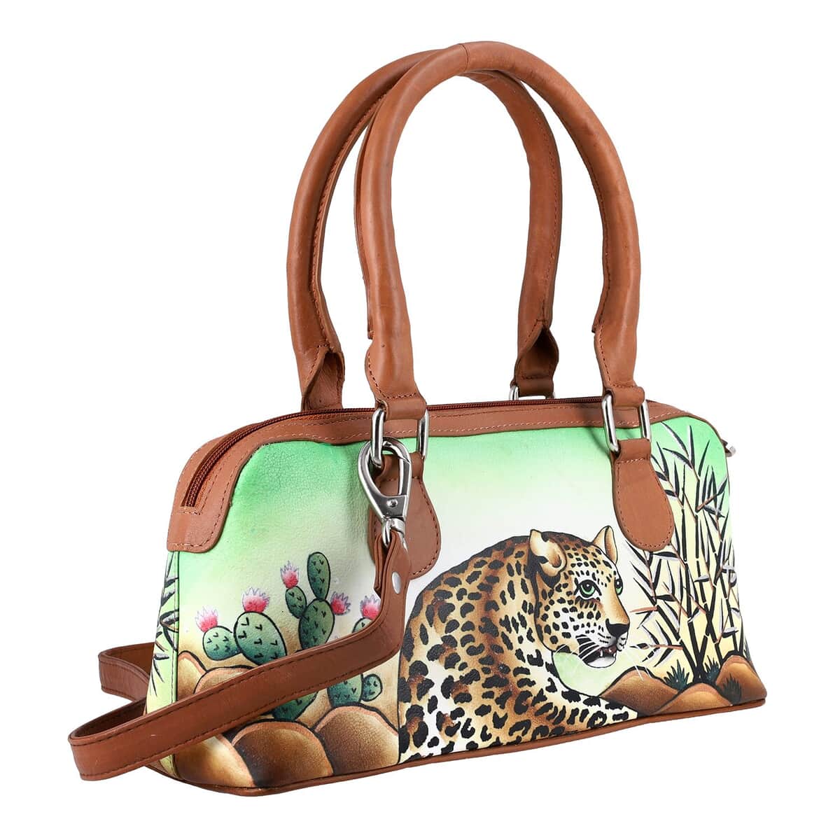 Sukriti Dark Beige Forest Leopard Printed Genuine Leather Shoulder Bag image number 3