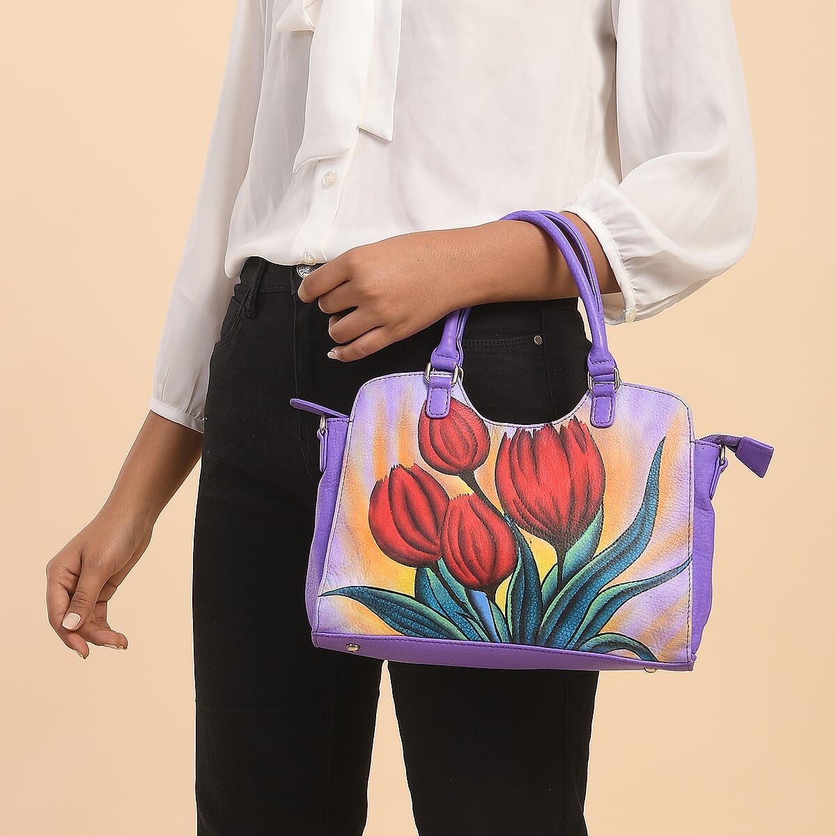 SUKRITI Light Purple Floral Hand Painted Genuine Leather Shoulder Tote Bag image number 1