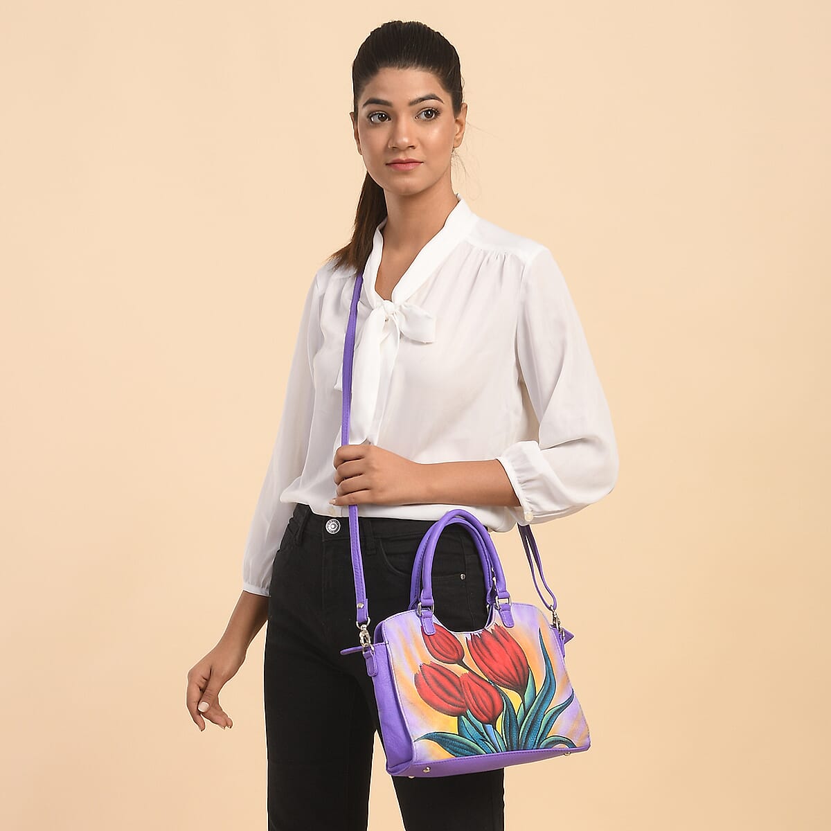 SUKRITI Light Purple Floral Hand Painted Genuine Leather Shoulder Tote Bag image number 2