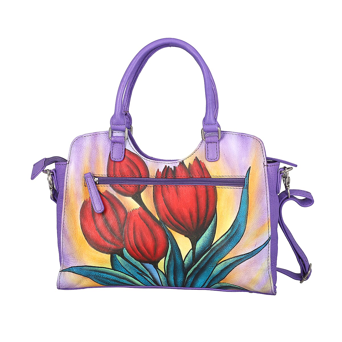 SUKRITI Light Purple Floral Hand Painted Genuine Leather Shoulder Tote Bag image number 3