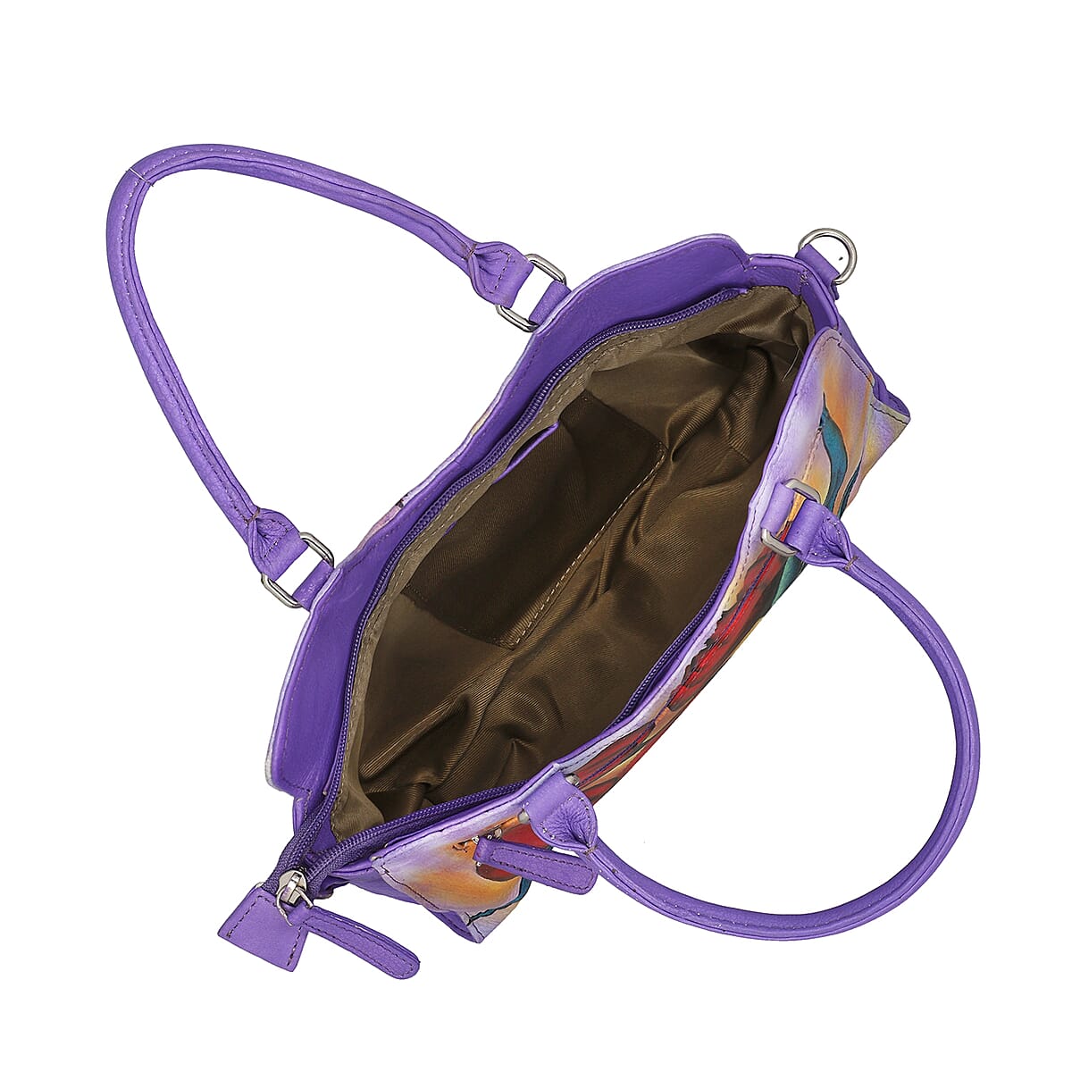 SUKRITI Light Purple Floral Hand Painted Genuine Leather Shoulder Tote Bag image number 4