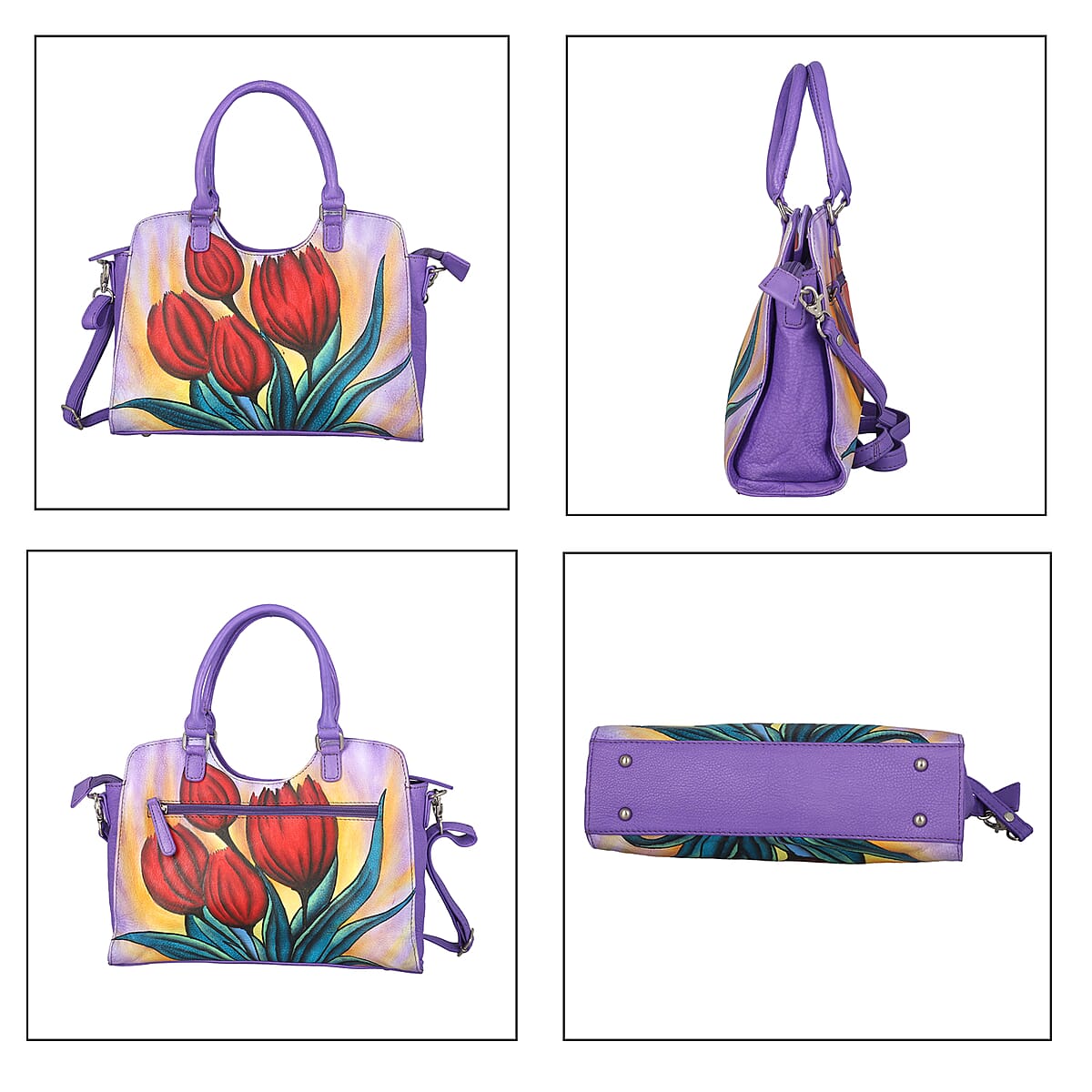 SUKRITI Light Purple Floral Hand Painted Genuine Leather Shoulder Tote Bag image number 5