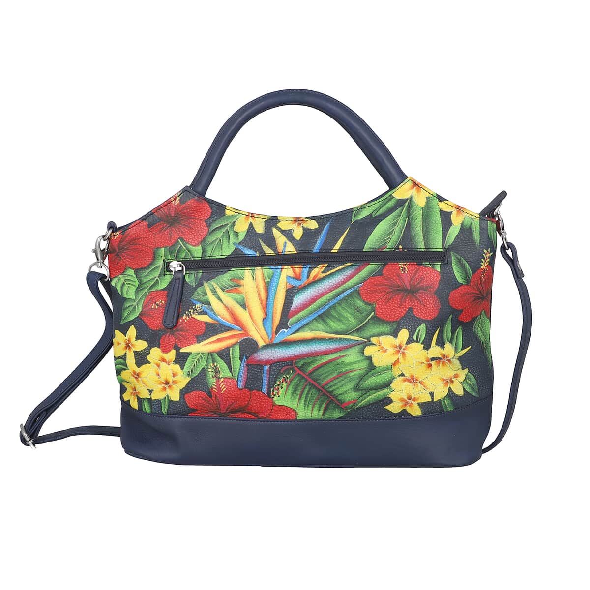 SUKRITI Navy Blue Forest Floral Hand Painted Genuine Leather Shoulder Tote Bag image number 0