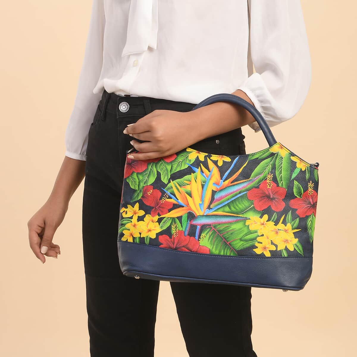 SUKRITI Navy Blue Forest Floral Hand Painted Genuine Leather Shoulder Tote Bag image number 1