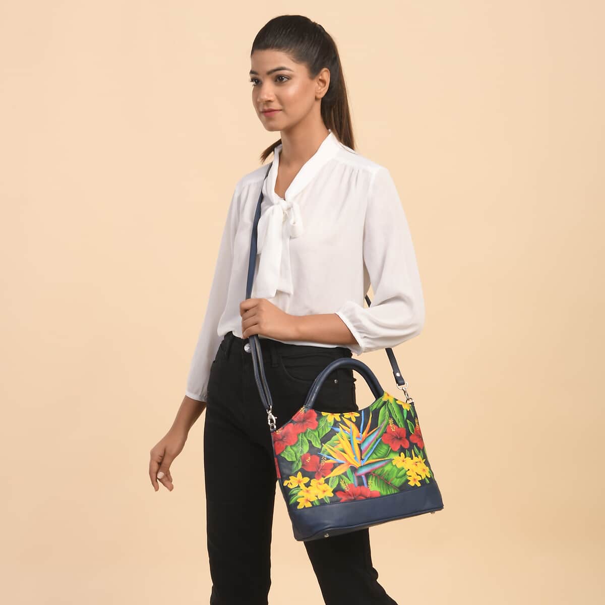 SUKRITI Navy Blue Forest Floral Hand Painted Genuine Leather Shoulder Tote Bag image number 2