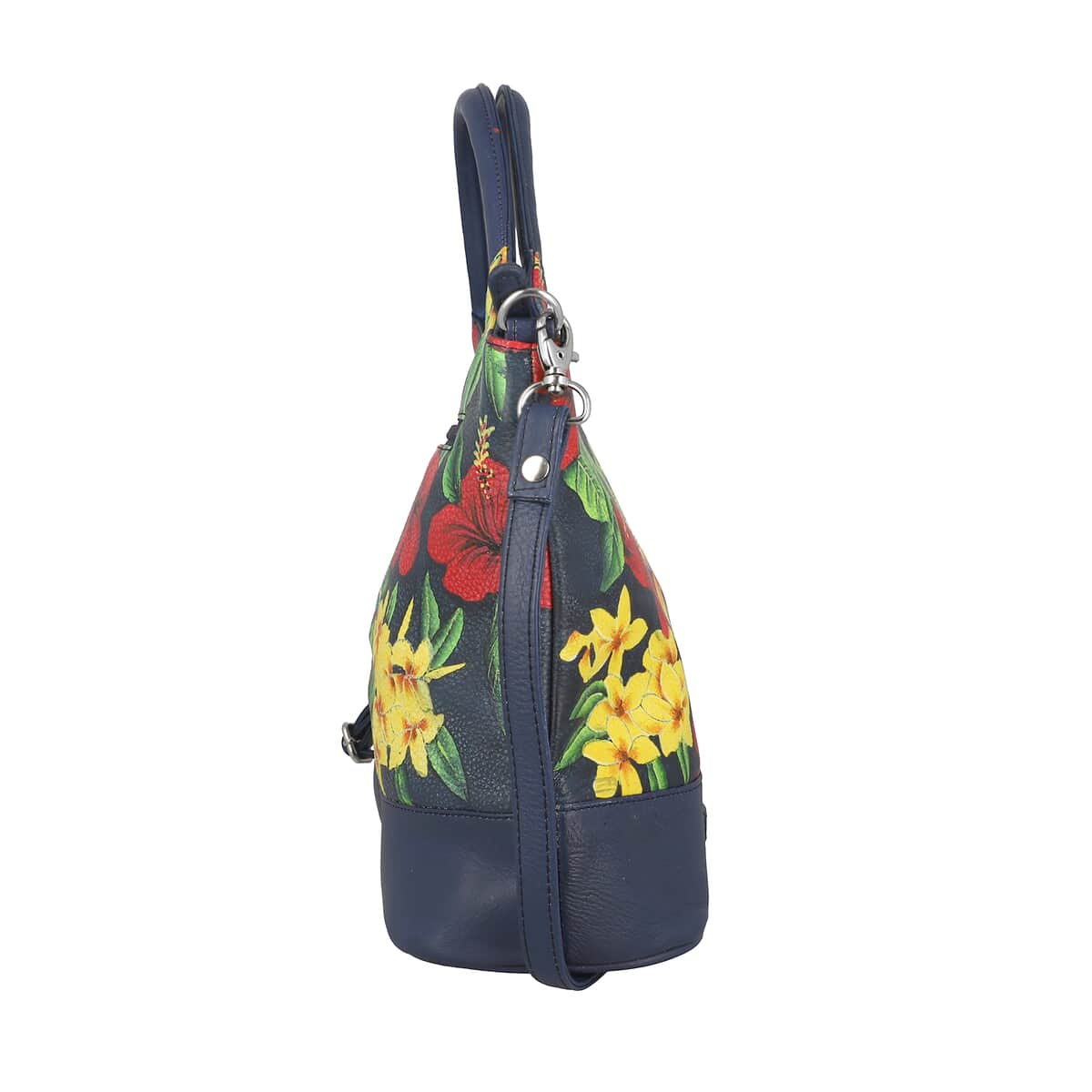 SUKRITI Navy Blue Forest Floral Hand Painted Genuine Leather Shoulder Tote Bag image number 3