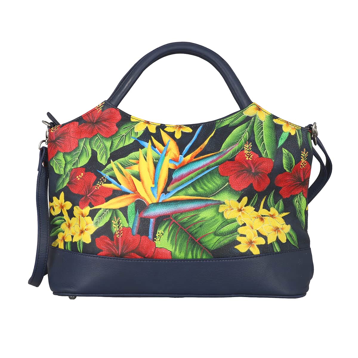 SUKRITI Navy Blue Forest Floral Hand Painted Genuine Leather Shoulder Tote Bag image number 4