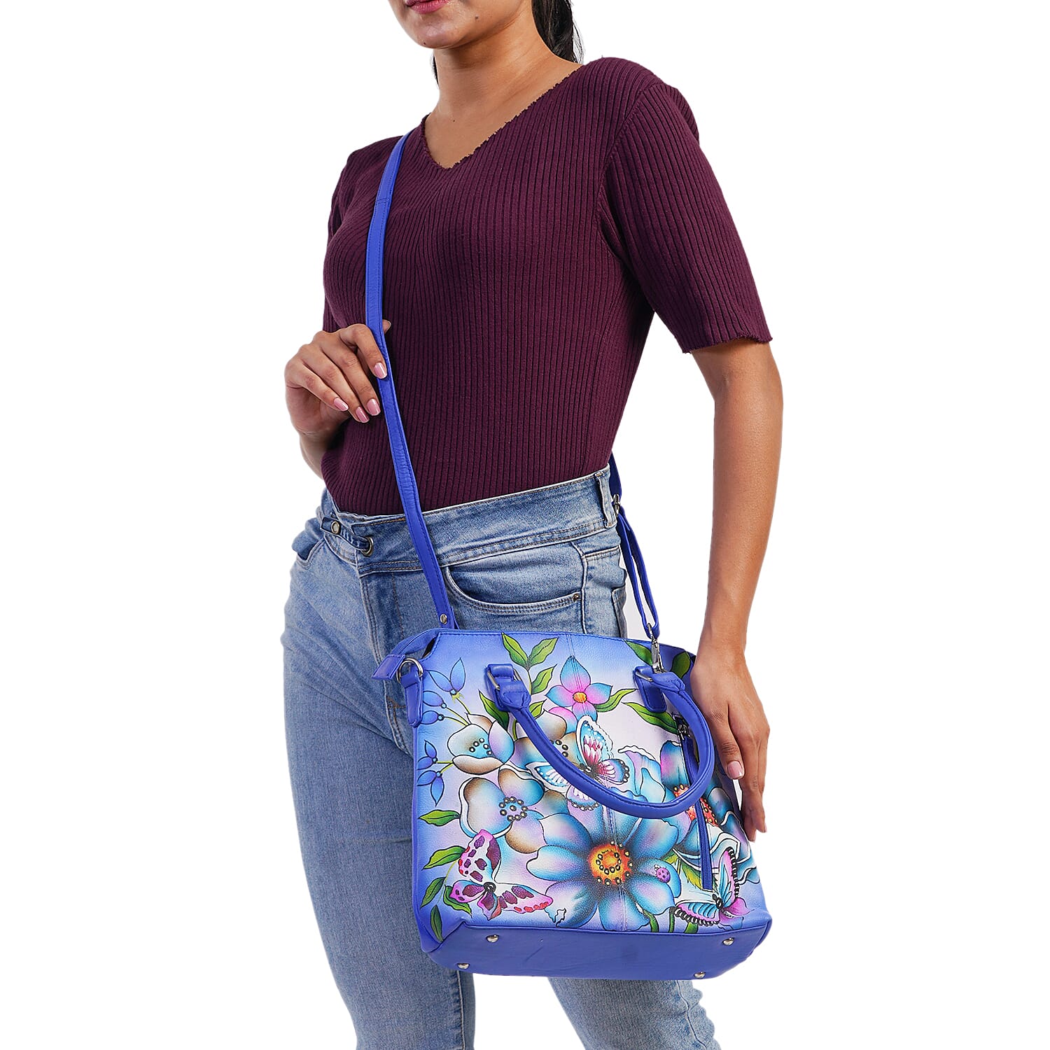 SUKRITI Blue Floral Forest Genuine Leather Ladies Shoulder Tote Bag