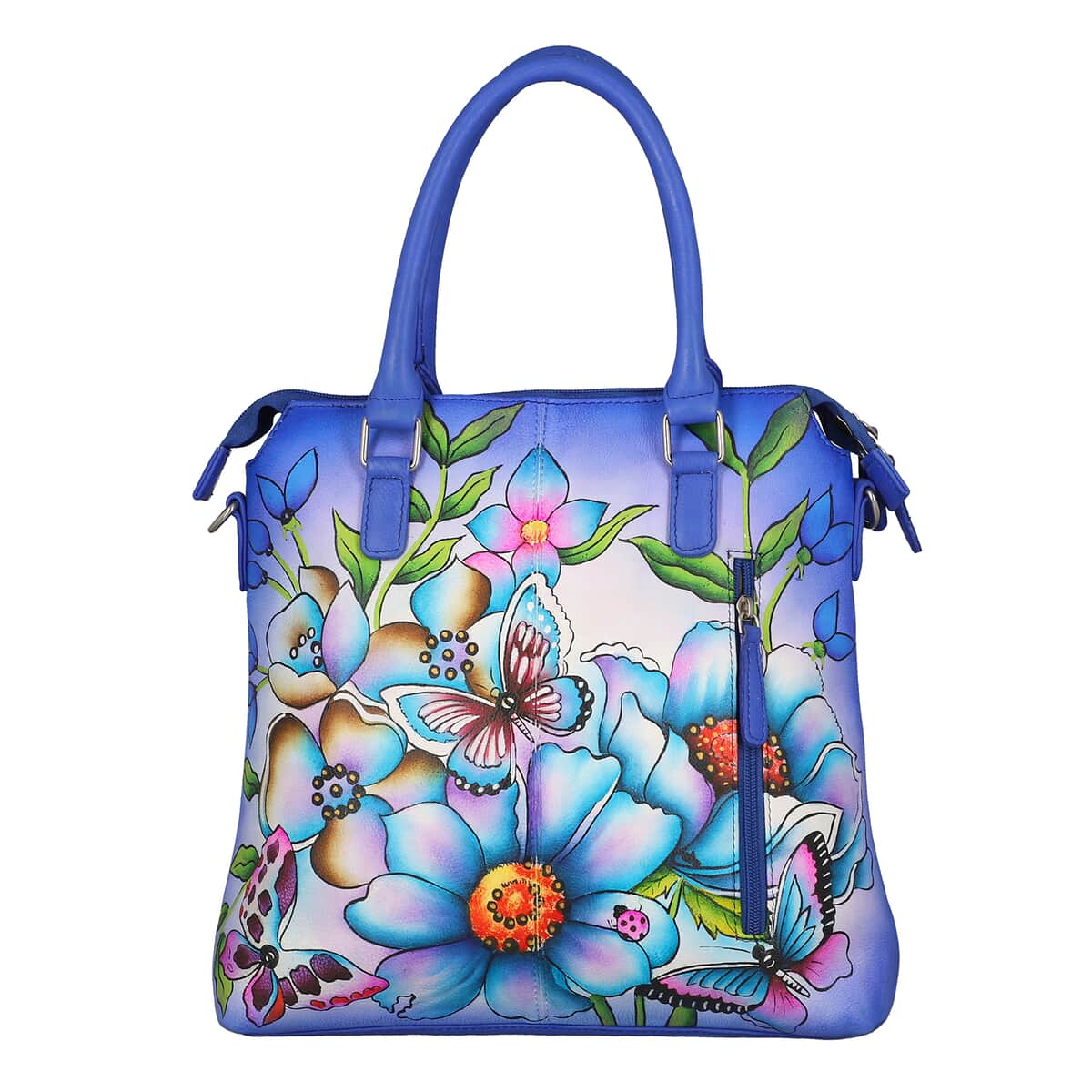 SUKRITI Blue Floral Forest Genuine Leather Ladies Shoulder Tote Bag (12"x4"x12") image number 4