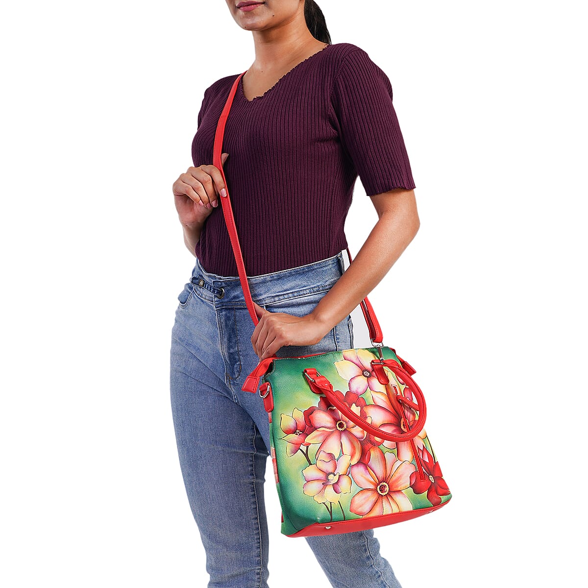 SUKRITI Light Orange and Peach Floral Genuine Leather Ladies Shoulder Tote Bag image number 1