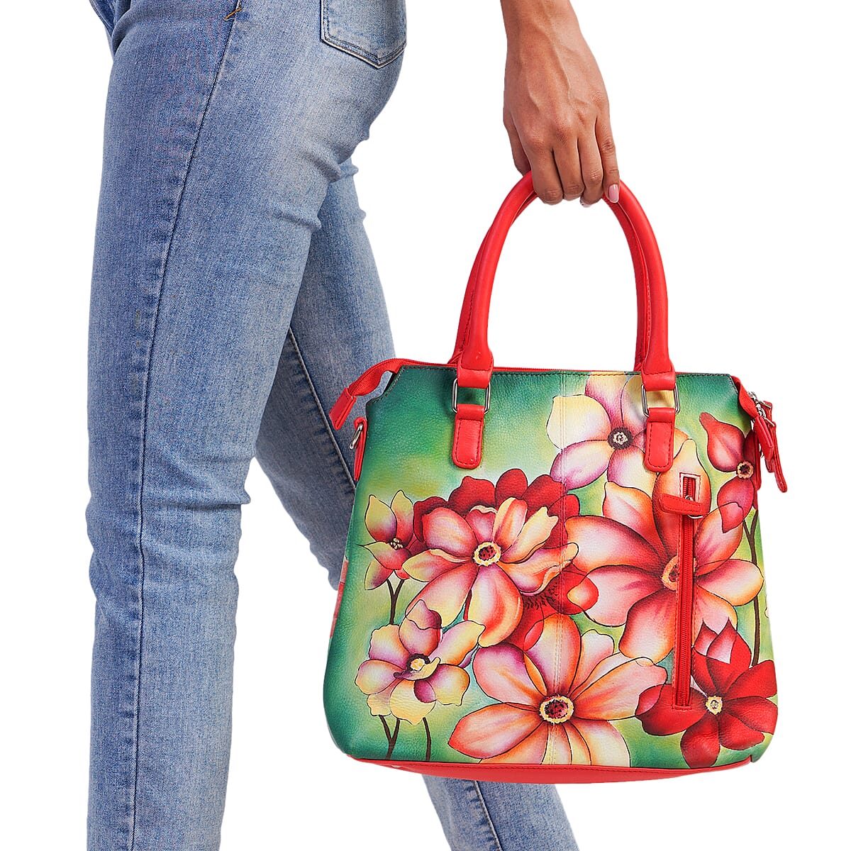 SUKRITI Light Orange and Peach Floral Genuine Leather Ladies Shoulder Tote Bag image number 2
