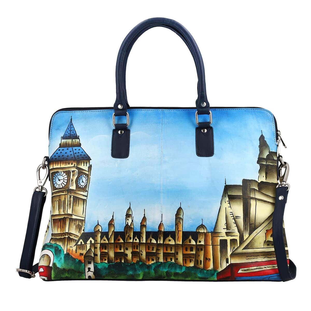 "SUKRITI 100% Genuine Leather Ladies Shoulder Tote Bag (Theme: London City Clock Tower View) Color: Blue Size: 16.5(L)x12.5(H)x3(W) inches" image number 0