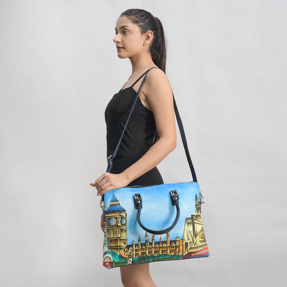 "SUKRITI 100% Genuine Leather Ladies Shoulder Tote Bag (Theme: London City Clock Tower View) Color: Blue Size: 16.5(L)x12.5(H)x3(W) inches" image number 1