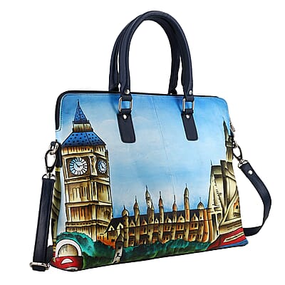 Sukriti Blue London City Clock Tower Print Genuine Leather Shoulder Tote Bag