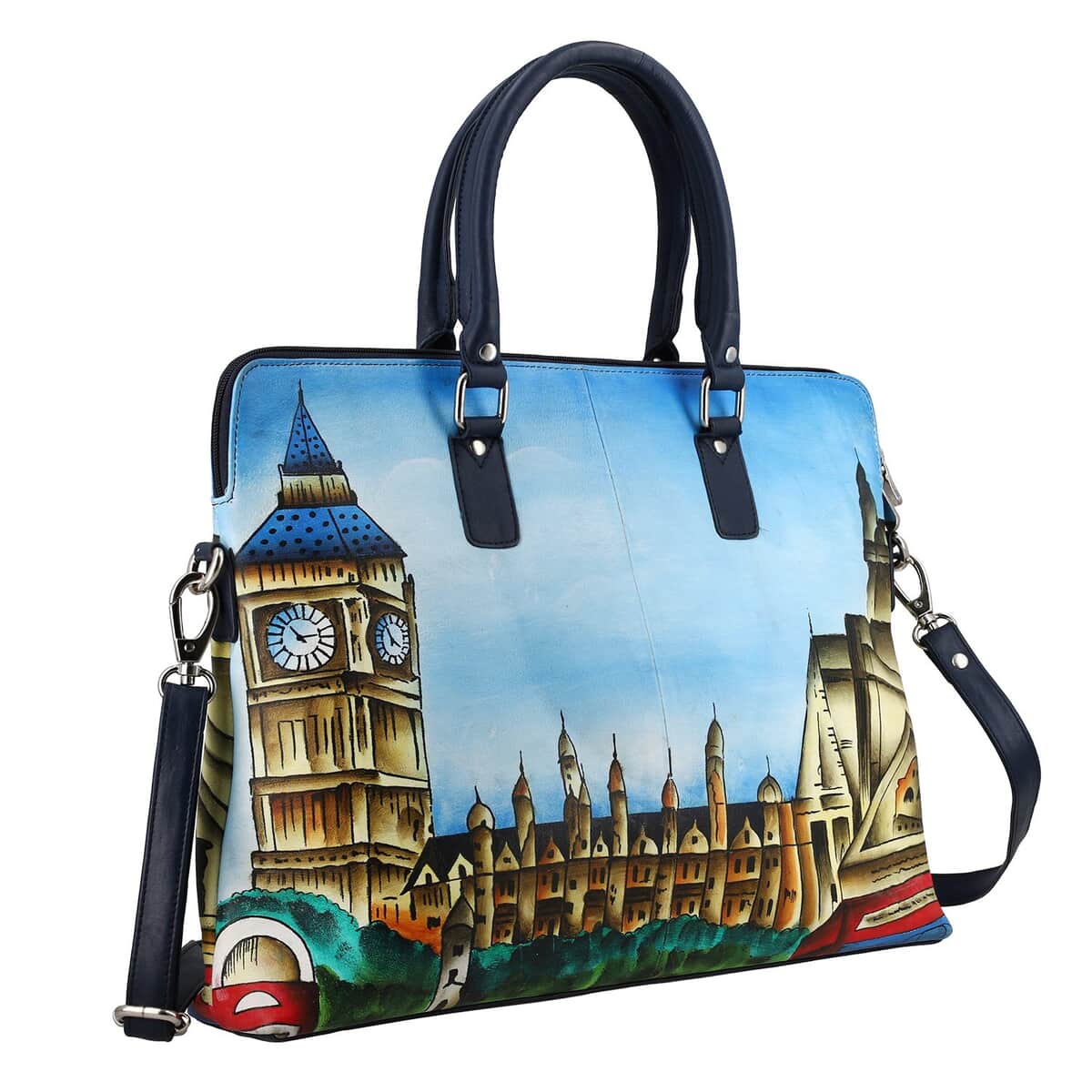 "SUKRITI 100% Genuine Leather Ladies Shoulder Tote Bag (Theme: London City Clock Tower View) Color: Blue Size: 16.5(L)x12.5(H)x3(W) inches" image number 3