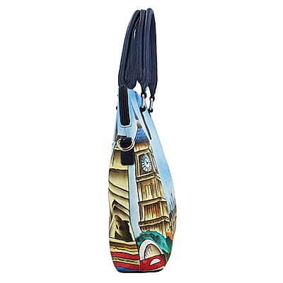 Sukriti Blue London City Clock Tower Print Genuine Leather Shoulder Tote Bag