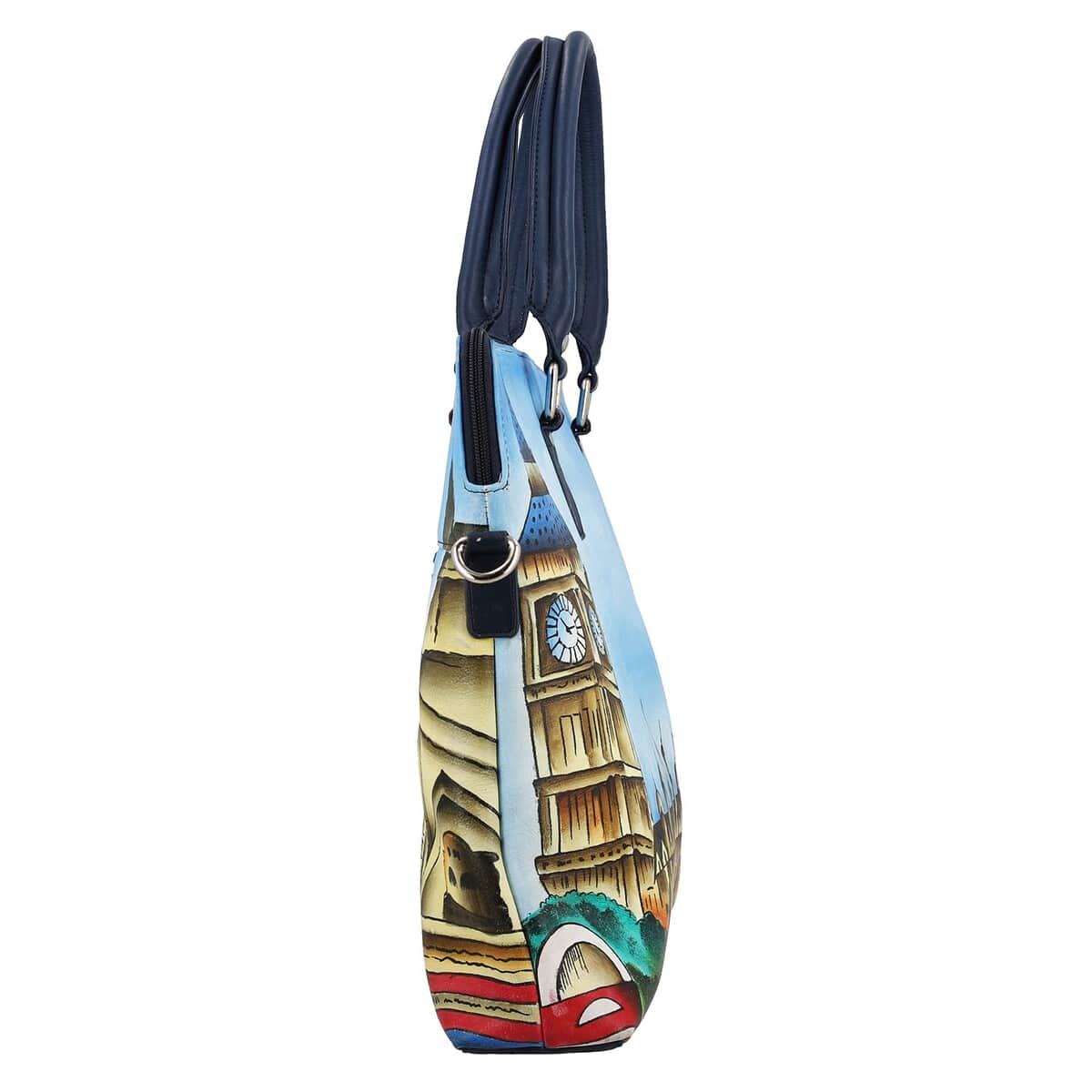 "SUKRITI 100% Genuine Leather Ladies Shoulder Tote Bag (Theme: London City Clock Tower View) Color: Blue Size: 16.5(L)x12.5(H)x3(W) inches" image number 4