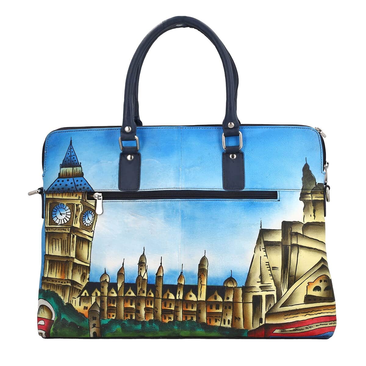 "SUKRITI 100% Genuine Leather Ladies Shoulder Tote Bag (Theme: London City Clock Tower View) Color: Blue Size: 16.5(L)x12.5(H)x3(W) inches" image number 5