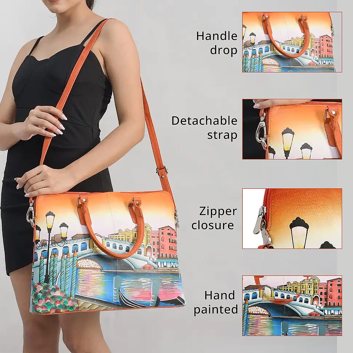 Sukriti Rustic Red Venice City Print Genuine Leather Shoulder Tote Bag image number 3