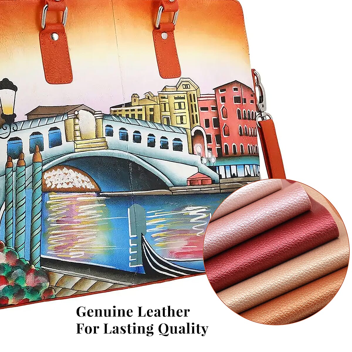 Sukriti Rustic Red Venice City Print Genuine Leather Shoulder Tote Bag image number 4