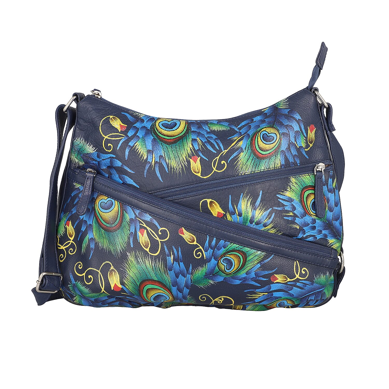 SUKRITI Navy Blue Peacock Feather Pattern Genuine Leather Hobo Crossbody Bag with Adjustable Shoulder Strap