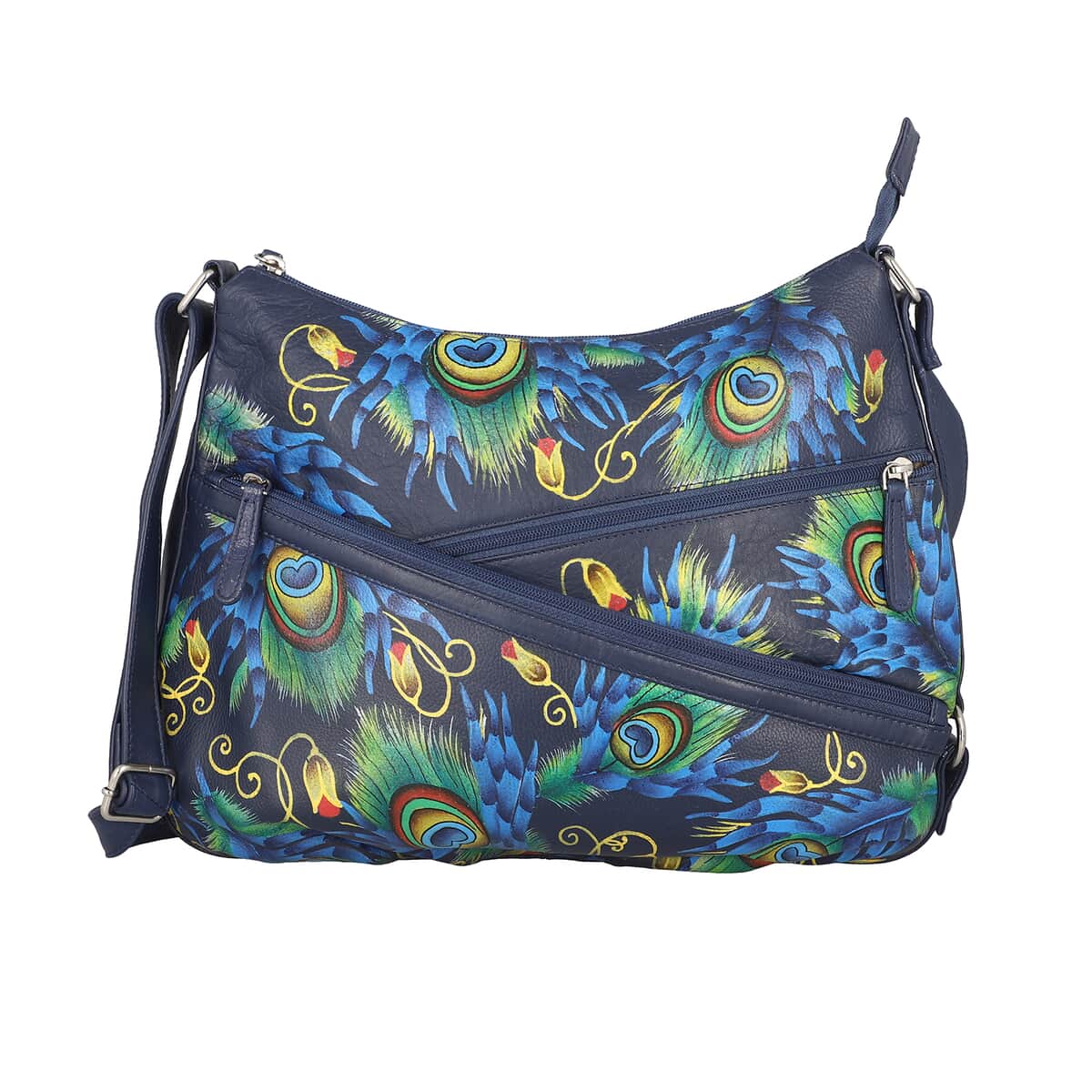 SUKRITI Navy Blue Peacock Feather Pattern Genuine Leather Hobo Crossbody Bag with Adjustable Shoulder Strap image number 0