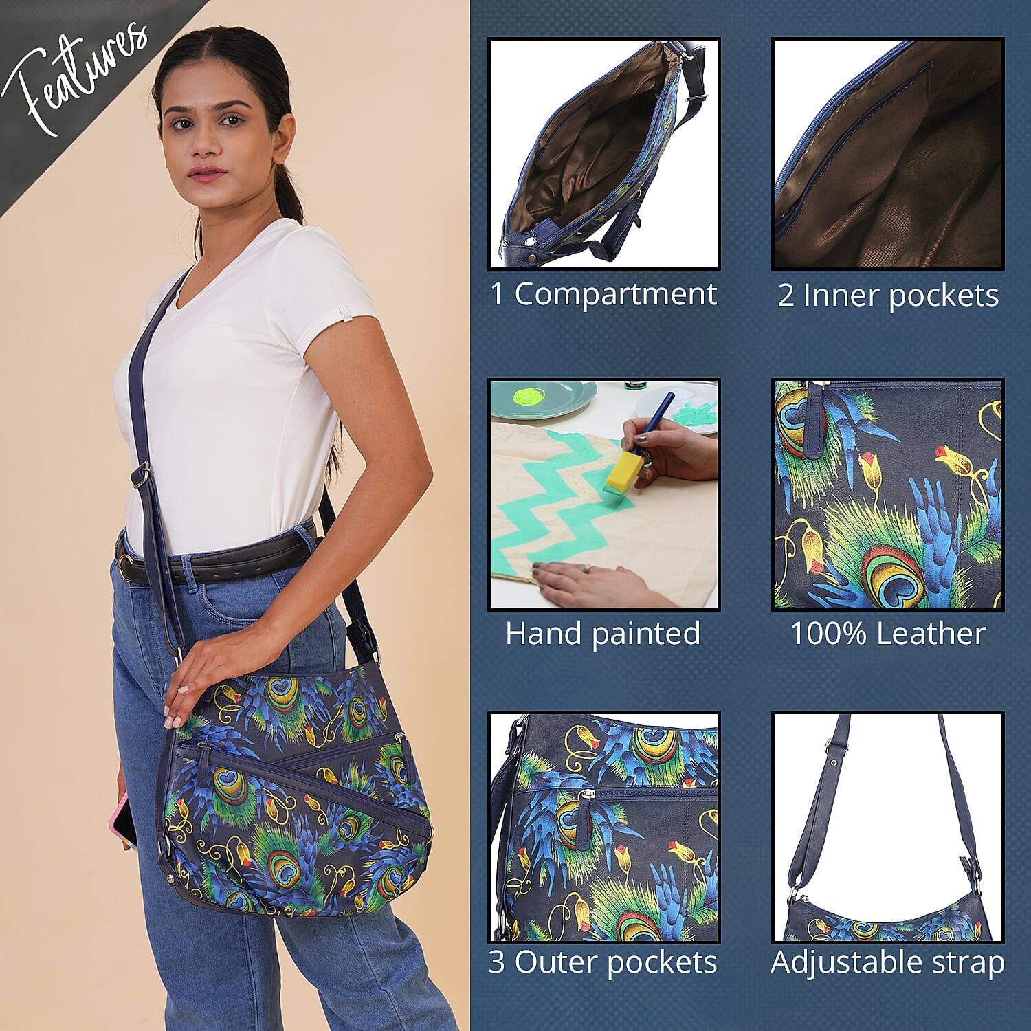 SUKRITI Navy Blue Peacock Feather Pattern Genuine Leather Hobo Crossbody Bag with Adjustable Shoulder Strap