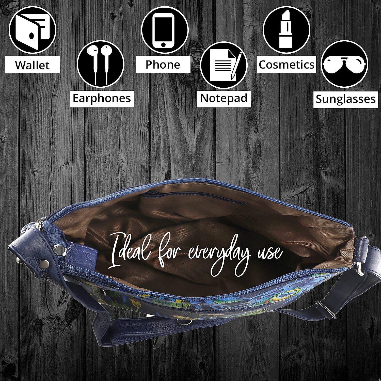 SUKRITI Navy Blue Peacock Feather Pattern Genuine Leather Hobo Crossbody Bag with Adjustable Shoulder Strap