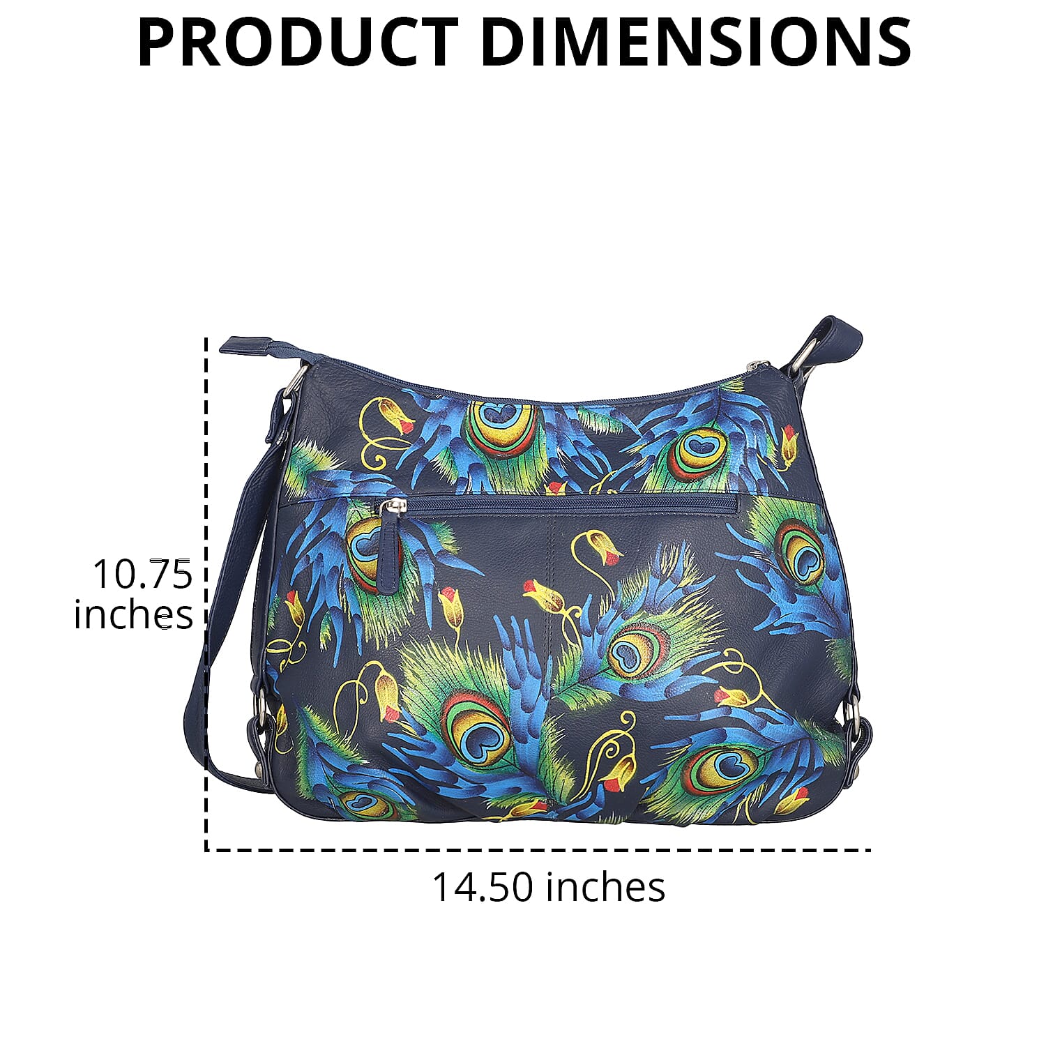 SUKRITI Navy Blue Peacock Feather Pattern Genuine Leather Hobo Crossbody Bag with Adjustable Shoulder Strap