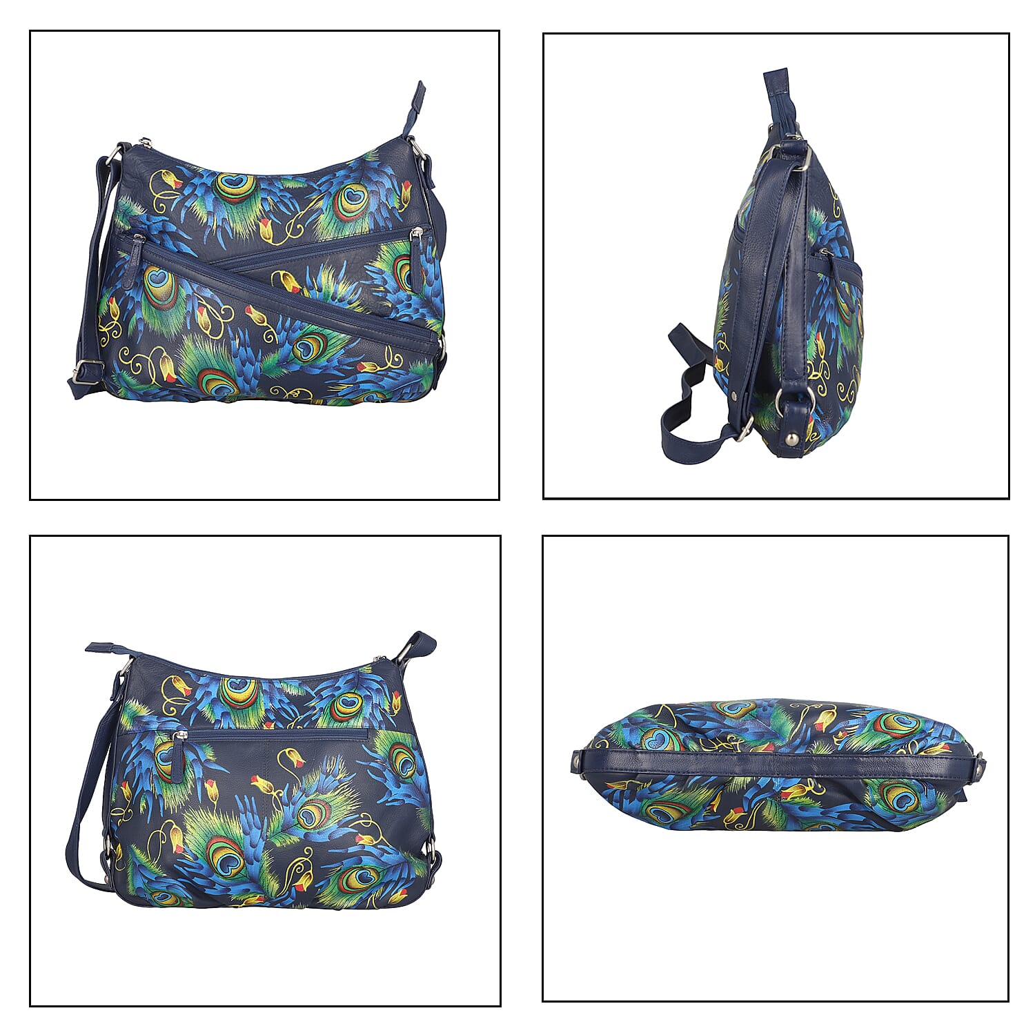 SUKRITI Navy Blue Peacock Feather Pattern Genuine Leather Hobo Crossbody Bag with Adjustable Shoulder Strap