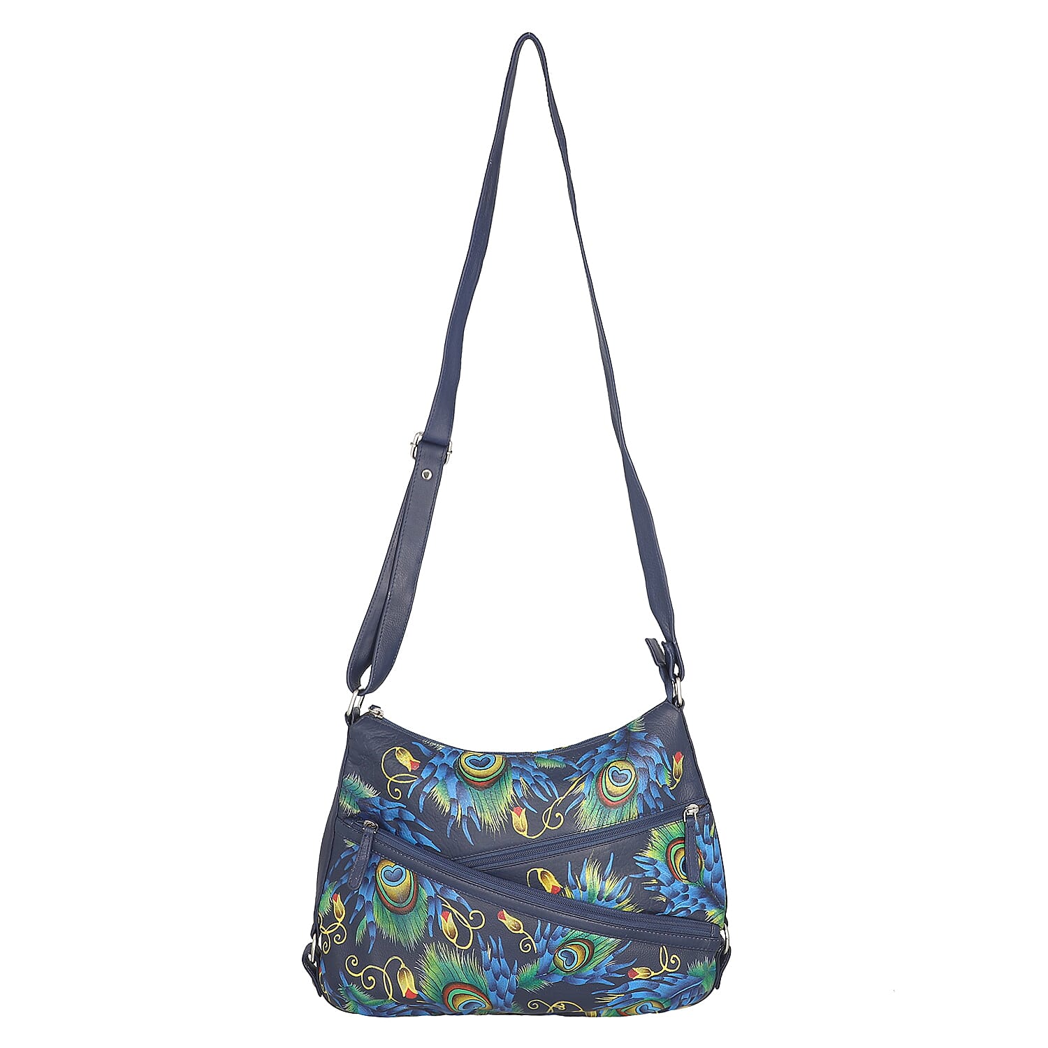 SUKRITI Navy Blue Peacock Feather Pattern Genuine Leather Hobo Crossbody Bag with Adjustable Shoulder Strap