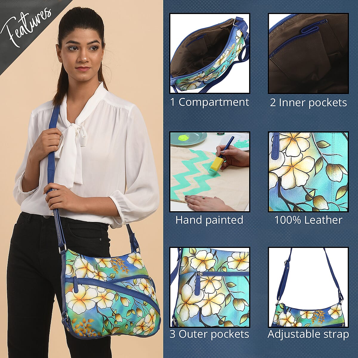 Sukriti Mustard Yellow Floral Pattern Genuine Leather Hobo Crossbody Bag for Women, Tote Bag, Messenger Bag, Shoulder Bag image number 2