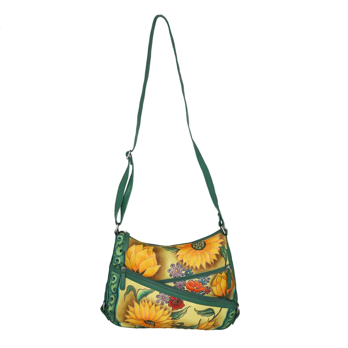 SUKRITI Light Green Floral Pattern Genuine Leather Hobo Crossbody Bag with Adjustable Shoulder Strap image number 6