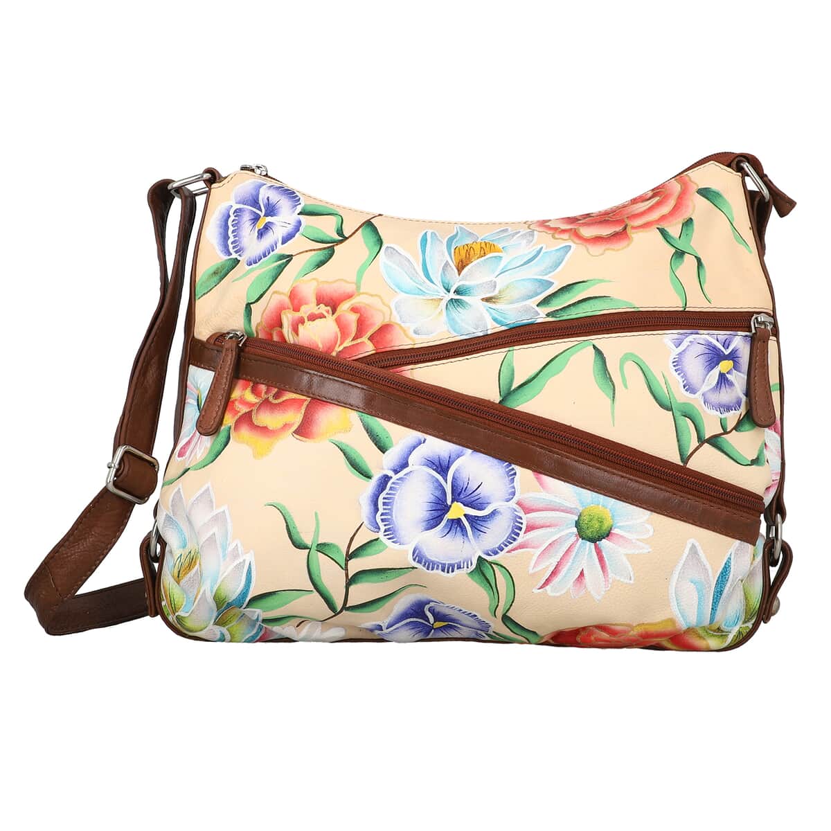 Sukriti Light Brown Floral Pattern Genuine Leather Hobo Crossbody Bag with Adjustable Shoulder Strap image number 0