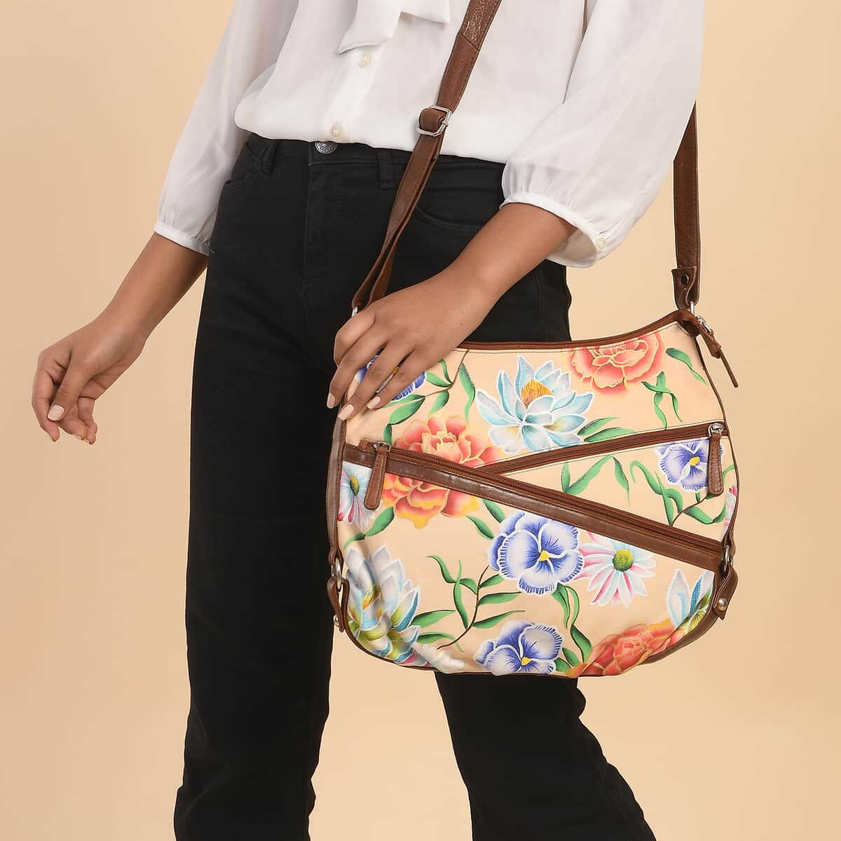 Sukriti Light Brown Floral Pattern Genuine Leather Hobo Crossbody Bag with Adjustable Shoulder Strap image number 1