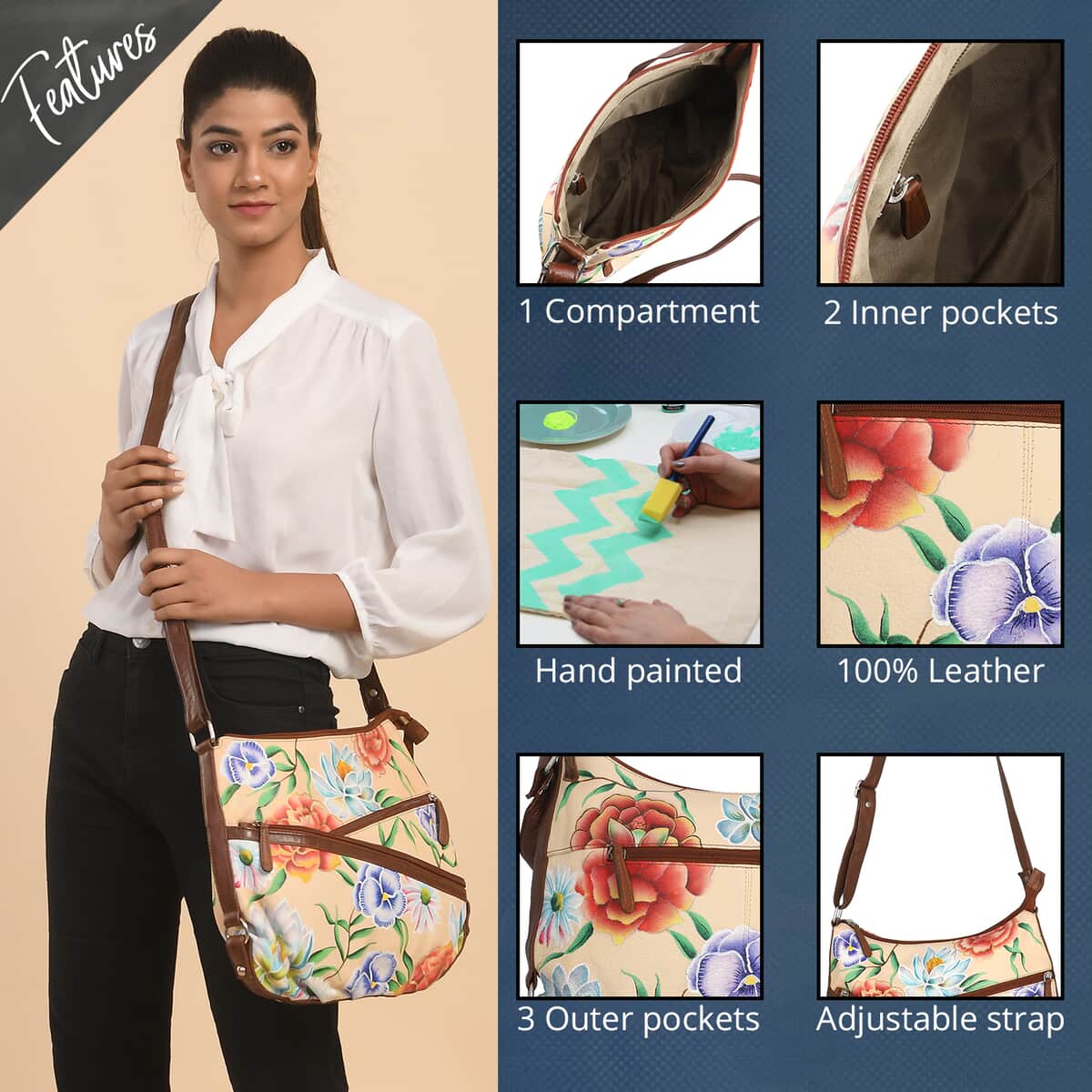 Sukriti Light Brown Floral Pattern Genuine Leather Hobo Crossbody Bag with Adjustable Shoulder Strap image number 2