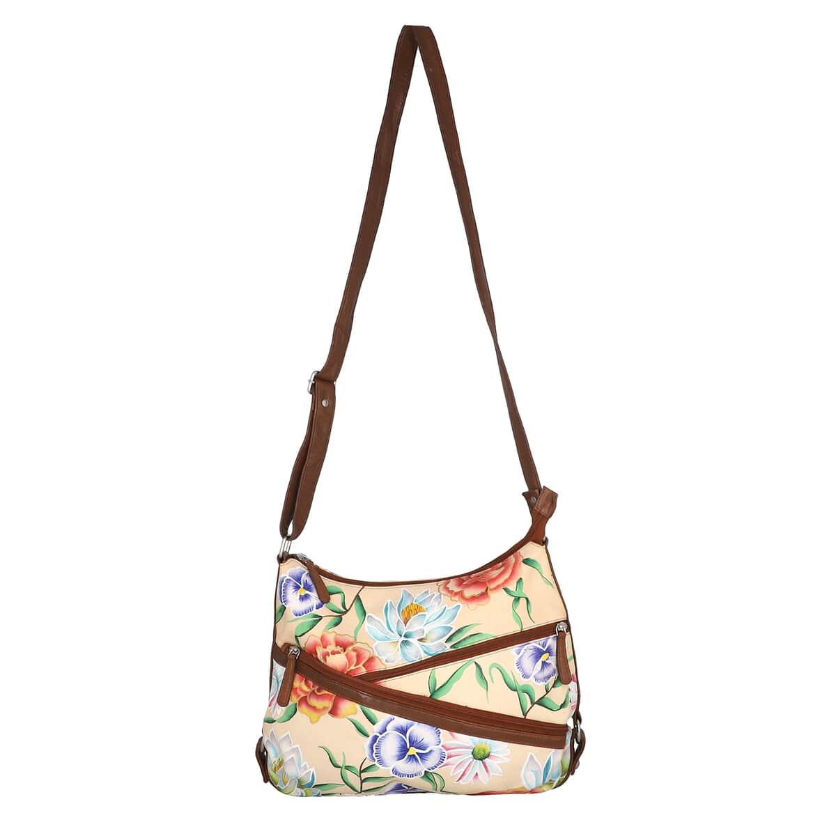 Sukriti Light Brown Floral Pattern Genuine Leather Hobo Crossbody Bag with Adjustable Shoulder Strap image number 6