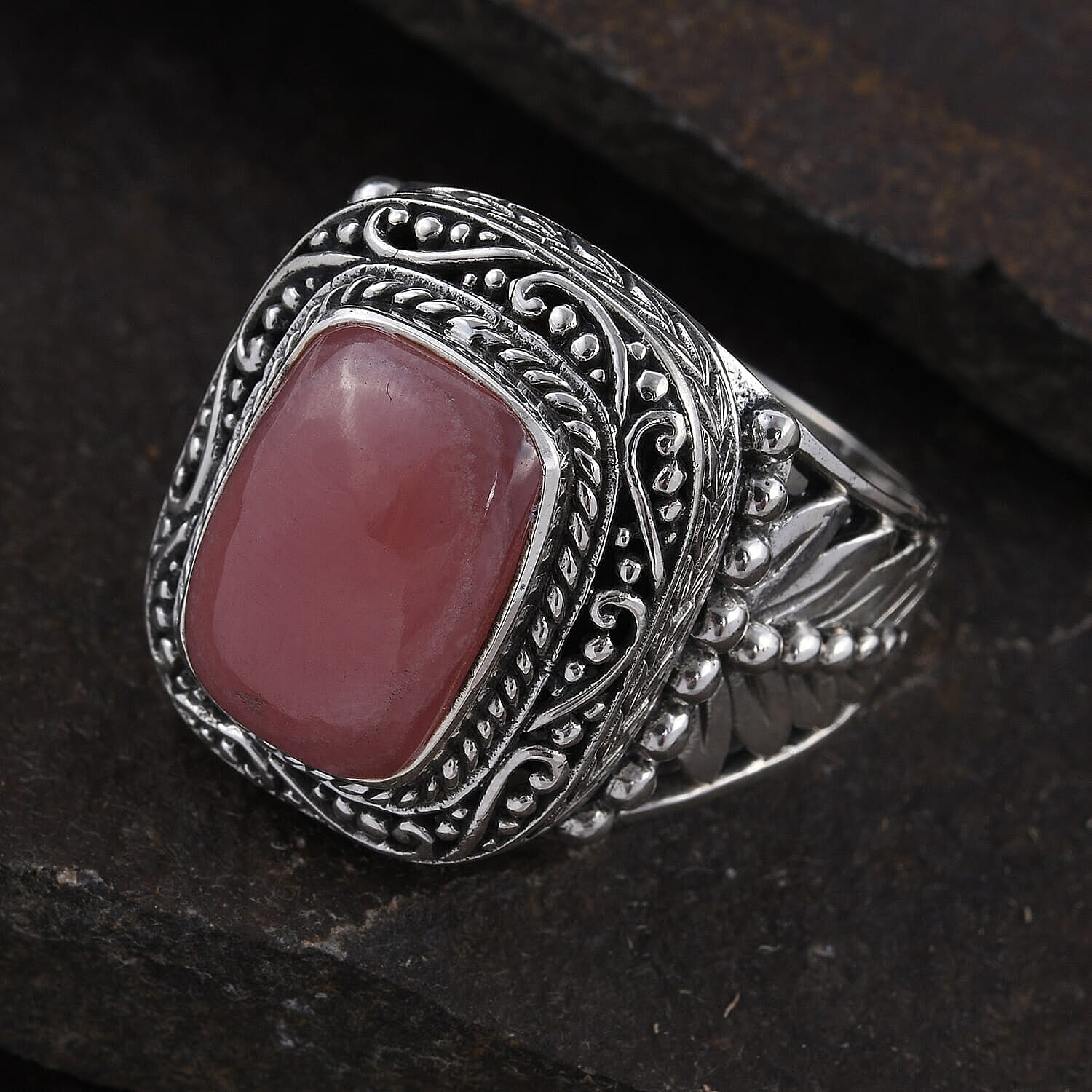 Bali Legacy Argentinian Rhodochrosite Filigree Work Ring in Sterling Silver (Size 10.0) 9.35 Grams 7.10 ctw