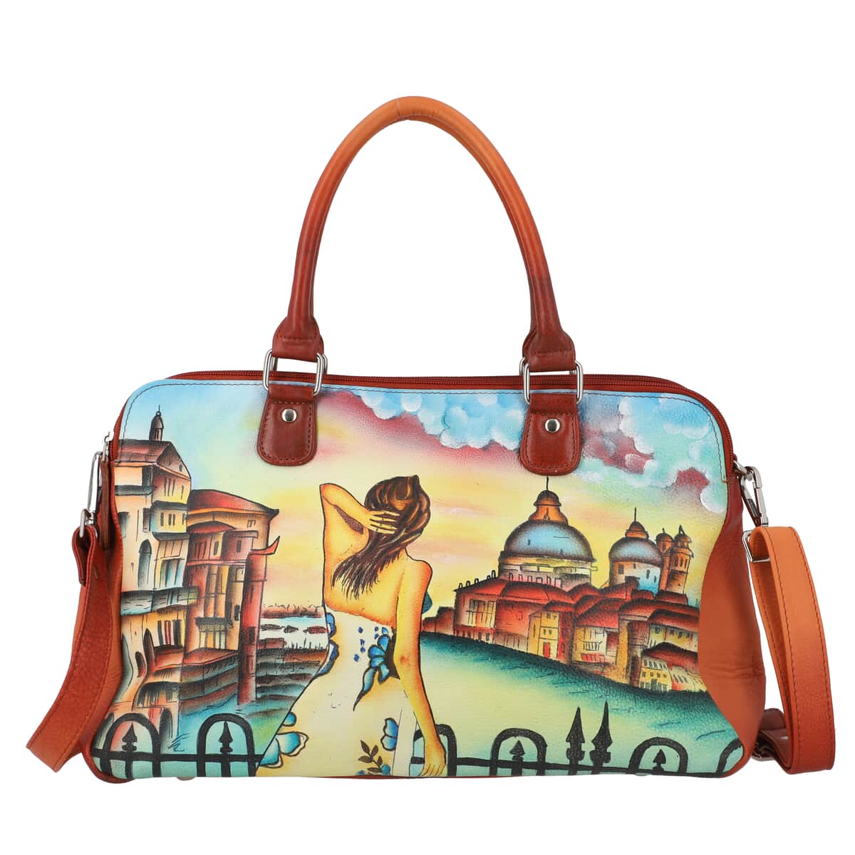 Sukriti Rust Tan City View Hand Painted Genuine Leather Shoulder Bag image number 0